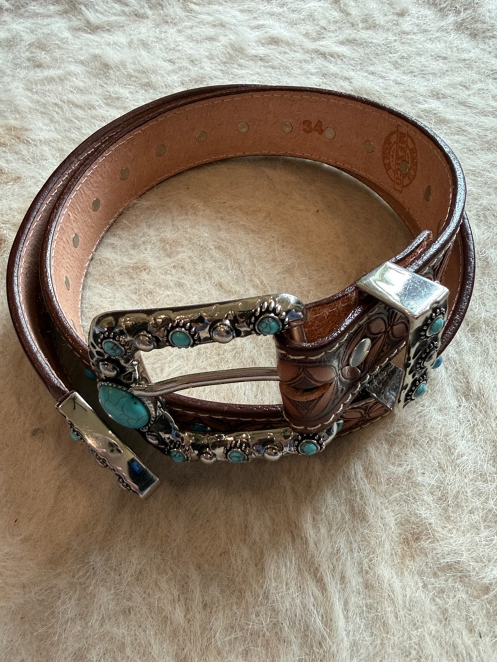 Brown Leather Western Belt with Turquoise colored accents